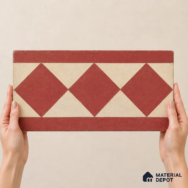 Athangudi Handmade Border Tile TL 10876 G Terracotta Petite Bloom 10 x 5 inch Concrete Pearl Finish - 18 mm | Suitable for Decorative Floor Borders in Living Room, Bedroom, Dining Area & Foyer