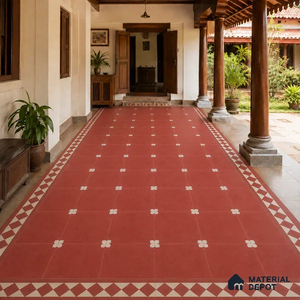 Athangudi Handmade Border Tile TL 10876 G Terracotta Petite Bloom 10 x 5 inch Concrete Pearl Finish - 18 mm | Suitable for Decorative Floor Borders in Living Room, Bedroom, Dining Area & Foyer