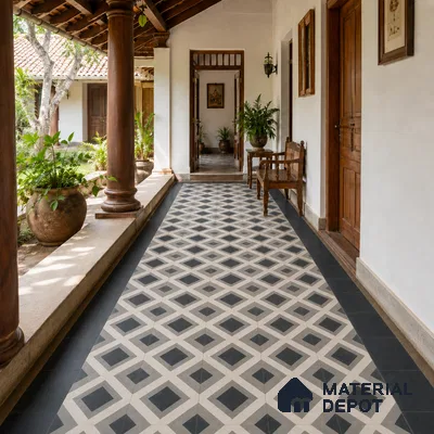 Athangudi Handmade Center Tile TL 10879 Charcoal Diamond Chain 10 x 10 inch Concrete Pearl Finish - 18 mm | Suitable for Indoor Flooring in Living Room, Bedroom, Dining Area & Foyer