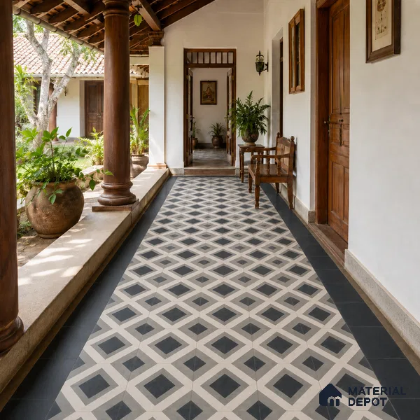 Athangudi Handmade Center Tile TL 10879 Charcoal Diamond Chain 10 x 10 inch Concrete Pearl Finish - 18 mm | Suitable for Indoor Flooring in Living Room, Bedroom, Dining Area & Foyer