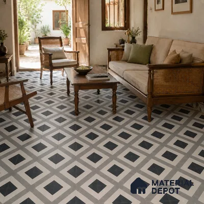 Athangudi Handmade Center Tile TL 10879 Charcoal Diamond Chain 10 x 10 inch Concrete Pearl Finish - 18 mm | Suitable for Indoor Flooring in Living Room, Bedroom, Dining Area & Foyer