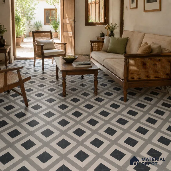 Athangudi Handmade Center Tile TL 10879 Charcoal Diamond Chain 10 x 10 inch Concrete Pearl Finish - 18 mm | Suitable for Indoor Flooring in Living Room, Bedroom, Dining Area & Foyer