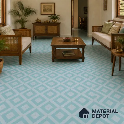 Athangudi Handmade Center Tile TL 10879 C Aqua Diamond Chain 10 x 10 inch Concrete Pearl Finish - 18 mm | Suitable for Indoor Flooring in Living Room, Bedroom, Dining Area & Foyer