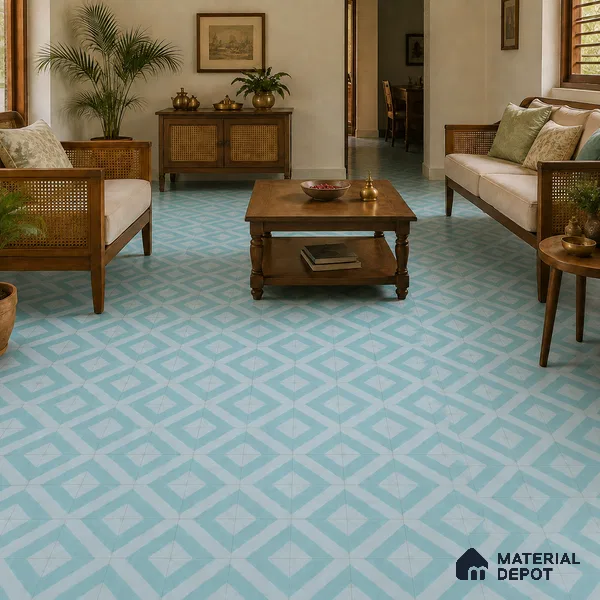 Athangudi Handmade Center Tile TL 10879 C Aqua Diamond Chain 10 x 10 inch Concrete Pearl Finish - 18 mm | Suitable for Indoor Flooring in Living Room, Bedroom, Dining Area & Foyer
