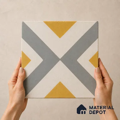 Athangudi Handmade Center Tile TL 10879 D Ochre Grey Diamond 10 x 10 inch Concrete Pearl Finish - 18 mm | Suitable for Indoor Flooring in Living Room, Bedroom, Dining Area & Foyer