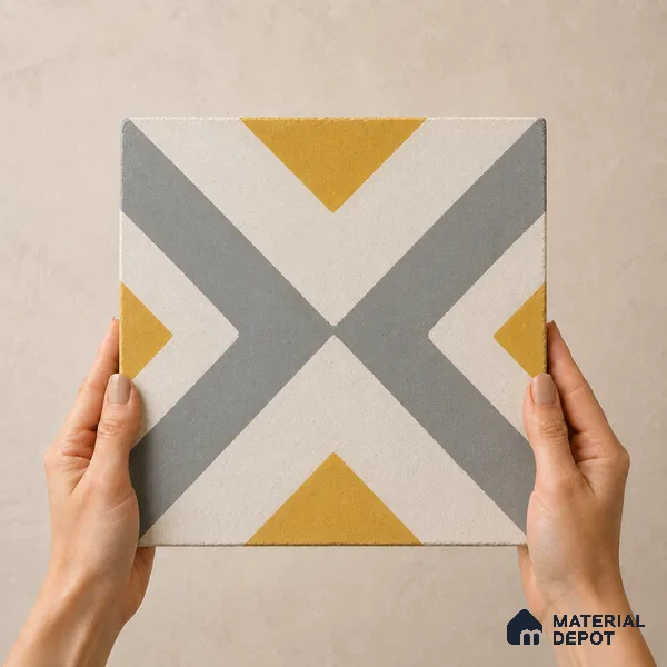 Athangudi Handmade Center Tile TL 10879 D Ochre Grey Diamond 10 x 10 inch Concrete Pearl Finish - 18 mm | Suitable for Indoor Flooring in Living Room, Bedroom, Dining Area & Foyer