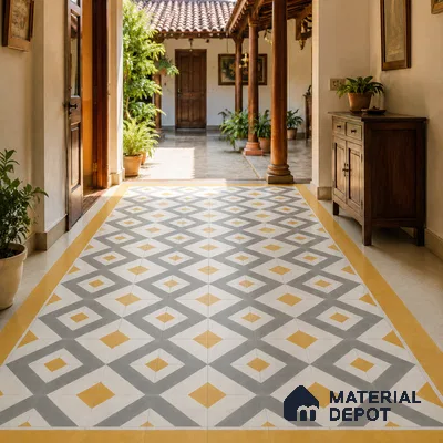 Athangudi Handmade Center Tile TL 10879 D Ochre Grey Diamond 10 x 10 inch Concrete Pearl Finish - 18 mm | Suitable for Indoor Flooring in Living Room, Bedroom, Dining Area & Foyer