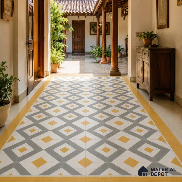 Athangudi Handmade Center Tile TL 10879 D Ochre Grey Diamond 10 x 10 inch Concrete Pearl Finish - 18 mm | Suitable for Indoor Flooring in Living Room, Bedroom, Dining Area & Foyer