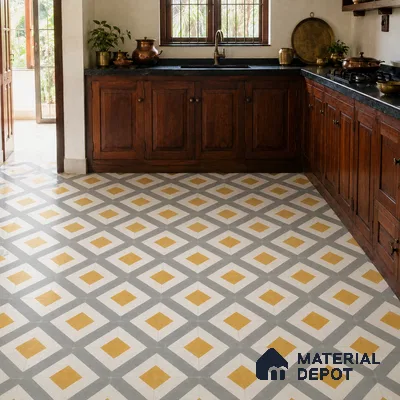 Athangudi Handmade Center Tile TL 10879 D Ochre Grey Diamond 10 x 10 inch Concrete Pearl Finish - 18 mm | Suitable for Indoor Flooring in Living Room, Bedroom, Dining Area & Foyer