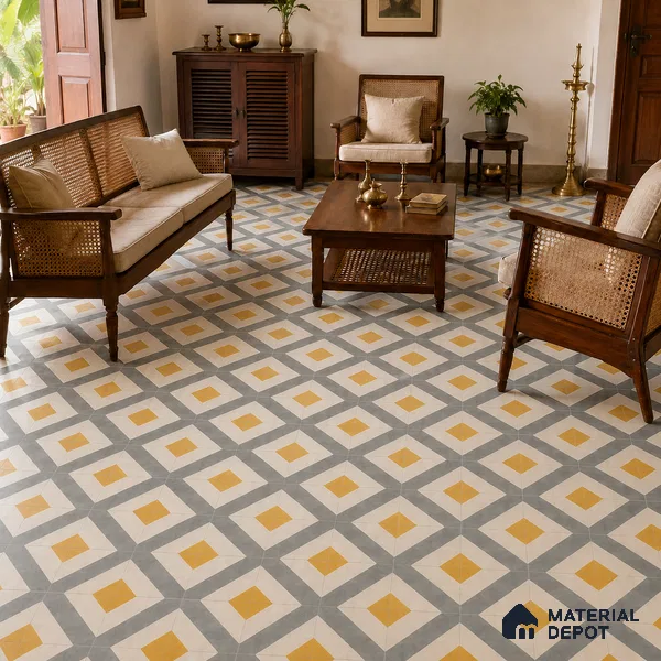 Athangudi Handmade Center Tile TL 10879 D Ochre Grey Diamond 10 x 10 inch Concrete Pearl Finish - 18 mm | Suitable for Indoor Flooring in Living Room, Bedroom, Dining Area & Foyer