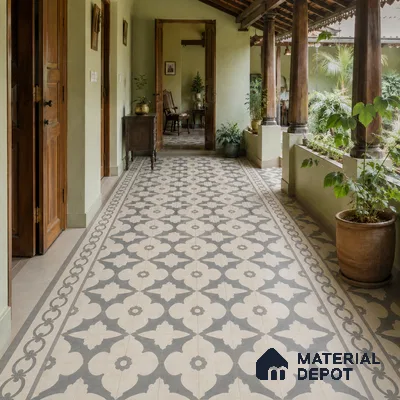 Athangudi Handmade Center Tile TL 10881 Ash Lotus Medallion 10 x 10 inch Concrete Pearl Finish - 18 mm | Suitable for Indoor Flooring in Living Room, Bedroom, Dining Area & Foyer