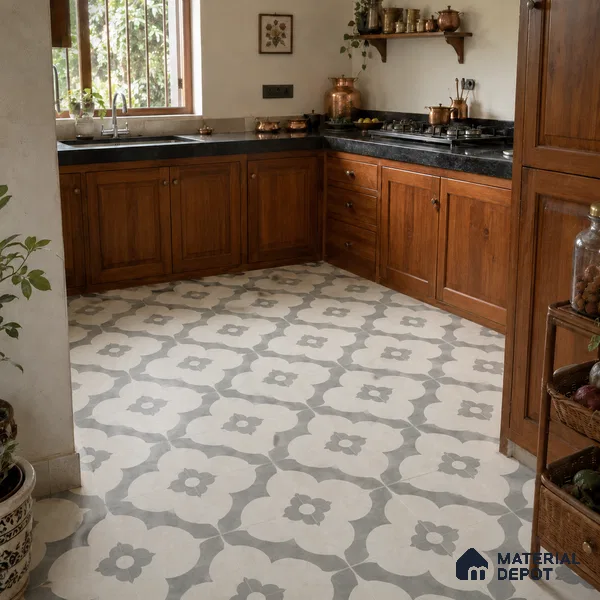 Athangudi Handmade Center Tile TL 10881 Ash Lotus Medallion 10 x 10 inch Concrete Pearl Finish - 18 mm | Suitable for Indoor Flooring in Living Room, Bedroom, Dining Area & Foyer