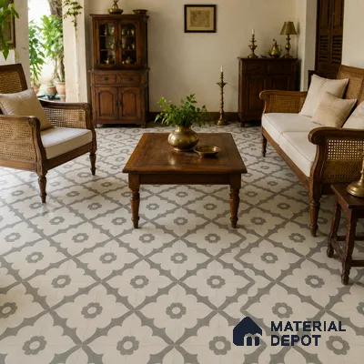 Athangudi Handmade Center Tile TL 10881 Ash Lotus Medallion 10 x 10 inch Concrete Pearl Finish - 18 mm | Suitable for Indoor Flooring in Living Room, Bedroom, Dining Area & Foyer
