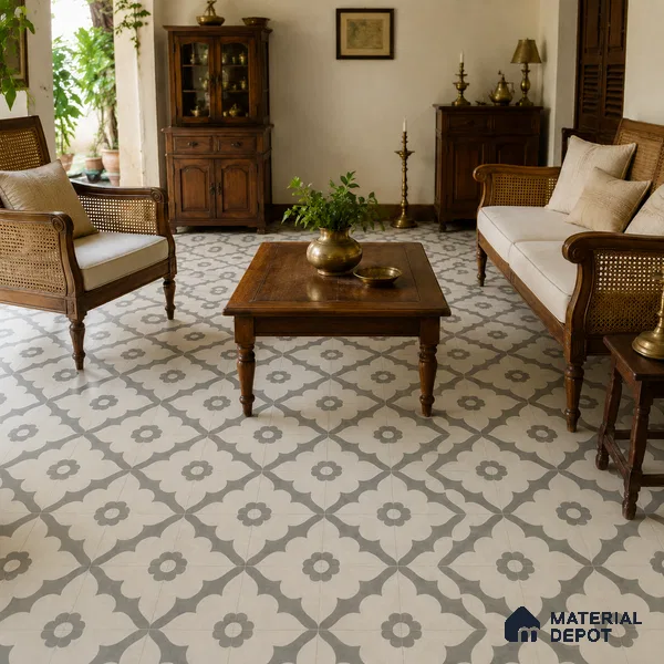 Athangudi Handmade Center Tile TL 10881 Ash Lotus Medallion 10 x 10 inch Concrete Pearl Finish - 18 mm | Suitable for Indoor Flooring in Living Room, Bedroom, Dining Area & Foyer