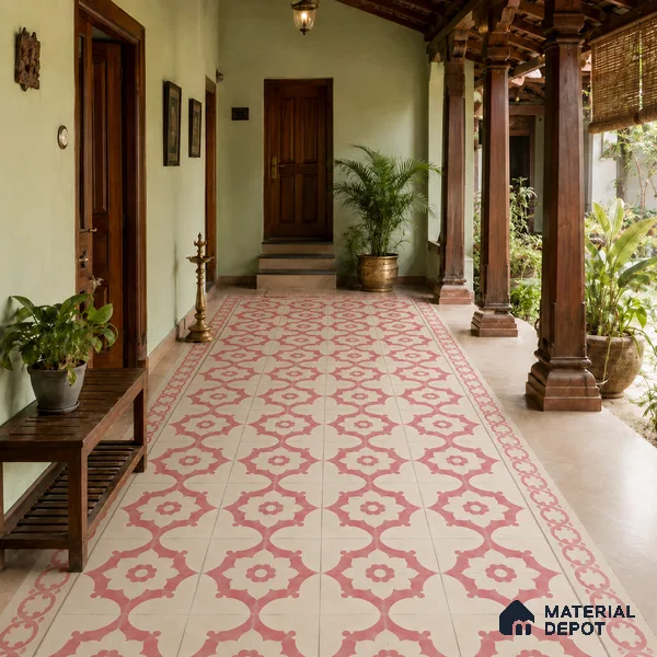 Athangudi Handmade Center Tile TL 10881 B Rose Lotus Medallion 10 x 10 inch Concrete Pearl Finish - 18 mm | Suitable for Indoor Flooring in Living Room, Bedroom, Dining Area & Foyer