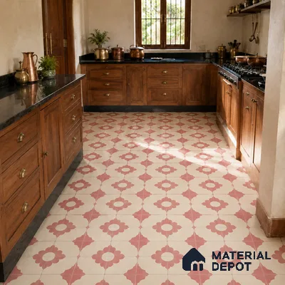 Athangudi Handmade Center Tile TL 10881 B Rose Lotus Medallion 10 x 10 inch Concrete Pearl Finish - 18 mm | Suitable for Indoor Flooring in Living Room, Bedroom, Dining Area & Foyer