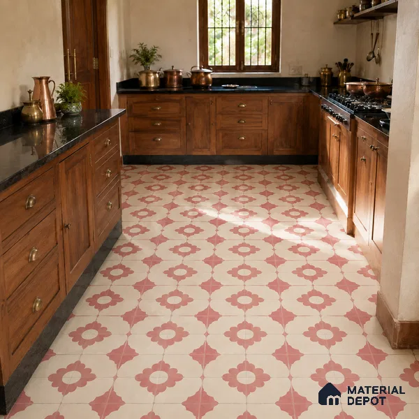 Athangudi Handmade Center Tile TL 10881 B Rose Lotus Medallion 10 x 10 inch Concrete Pearl Finish - 18 mm | Suitable for Indoor Flooring in Living Room, Bedroom, Dining Area & Foyer