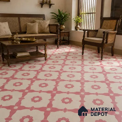 Athangudi Handmade Center Tile TL 10881 B Rose Lotus Medallion 10 x 10 inch Concrete Pearl Finish - 18 mm | Suitable for Indoor Flooring in Living Room, Bedroom, Dining Area & Foyer