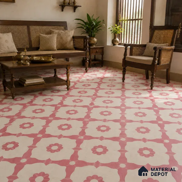 Athangudi Handmade Center Tile TL 10881 B Rose Lotus Medallion 10 x 10 inch Concrete Pearl Finish - 18 mm | Suitable for Indoor Flooring in Living Room, Bedroom, Dining Area & Foyer