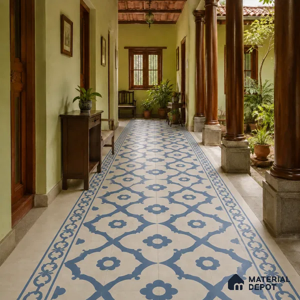 Athangudi Handmade Center Tile TL 10881 C Indigo Lotus Medallion 10 x 10 inch Concrete Pearl Finish - 18 mm | Suitable for Indoor Flooring in Living Room, Bedroom, Dining Area & Foyer