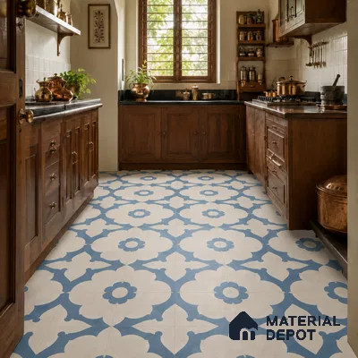 Athangudi Handmade Center Tile TL 10881 C Indigo Lotus Medallion 10 x 10 inch Concrete Pearl Finish - 18 mm | Suitable for Indoor Flooring in Living Room, Bedroom, Dining Area & Foyer
