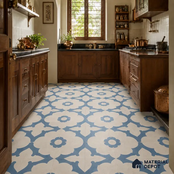 Athangudi Handmade Center Tile TL 10881 C Indigo Lotus Medallion 10 x 10 inch Concrete Pearl Finish - 18 mm | Suitable for Indoor Flooring in Living Room, Bedroom, Dining Area & Foyer