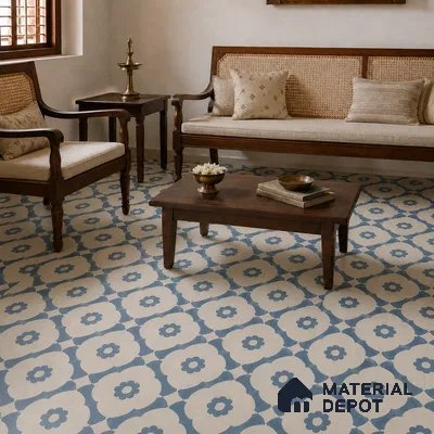 Athangudi Handmade Center Tile TL 10881 C Indigo Lotus Medallion 10 x 10 inch Concrete Pearl Finish - 18 mm | Suitable for Indoor Flooring in Living Room, Bedroom, Dining Area & Foyer