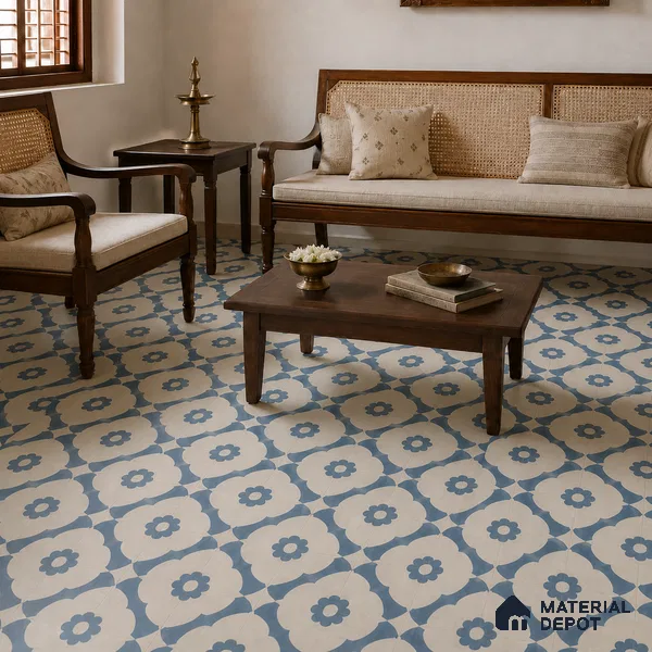 Athangudi Handmade Center Tile TL 10881 C Indigo Lotus Medallion 10 x 10 inch Concrete Pearl Finish - 18 mm | Suitable for Indoor Flooring in Living Room, Bedroom, Dining Area & Foyer