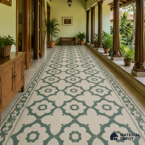 Athangudi Handmade Center Tile TL 10881 D Sage Lotus Medallion 10 x 10 inch Concrete Pearl Finish - 18 mm | Suitable for Indoor Flooring in Living Room, Bedroom, Dining Area & Foyer