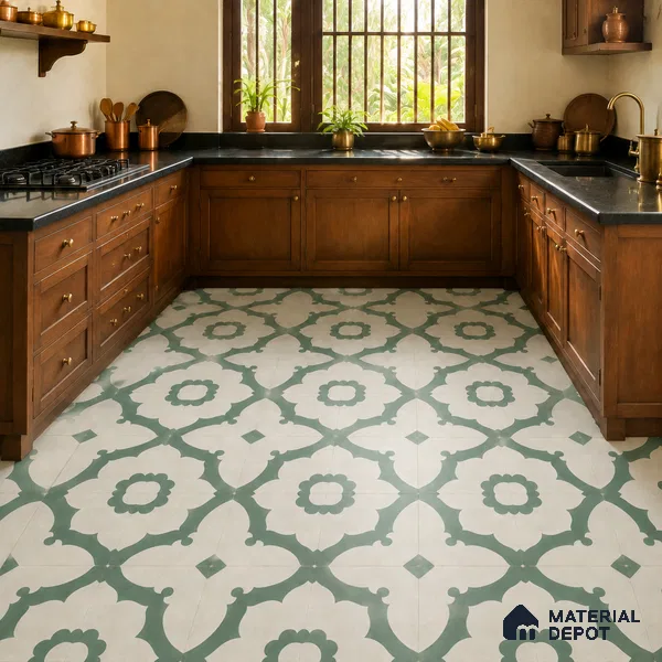 Athangudi Handmade Center Tile TL 10881 D Sage Lotus Medallion 10 x 10 inch Concrete Pearl Finish - 18 mm | Suitable for Indoor Flooring in Living Room, Bedroom, Dining Area & Foyer