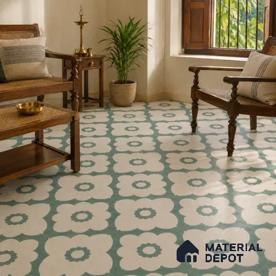 Athangudi Handmade Center Tile TL 10881 D Sage Lotus Medallion 10 x 10 inch Concrete Pearl Finish - 18 mm | Suitable for Indoor Flooring in Living Room, Bedroom, Dining Area & Foyer