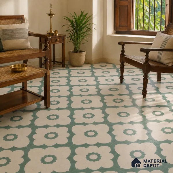 Athangudi Handmade Center Tile TL 10881 D Sage Lotus Medallion 10 x 10 inch Concrete Pearl Finish - 18 mm | Suitable for Indoor Flooring in Living Room, Bedroom, Dining Area & Foyer