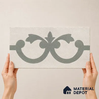 Athangudi Handmade Border Tile TL 10881 E Ash Lotus Medallion 10 x 5 inch Concrete Pearl Finish - 18 mm | Suitable for Decorative Floor Borders in Living Room, Bedroom, Dining Area & Foyer