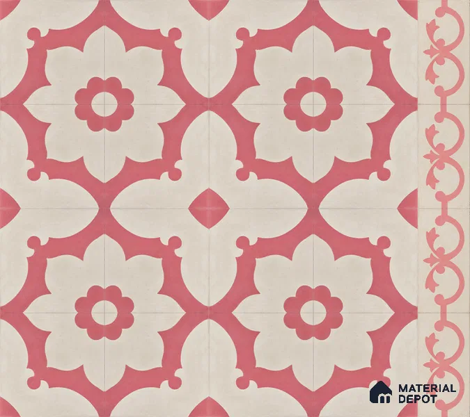 Athangudi Handmade Border Tile TL 10881 F Rose Lotus Medallion 10 x 5 inch Concrete Pearl Finish - 18 mm | Suitable for Decorative Floor Borders in Living Room, Bedroom, Dining Area & Foyer