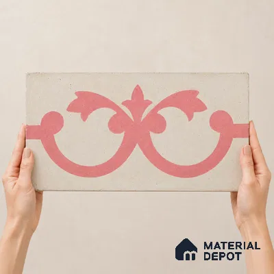 Athangudi Handmade Border Tile TL 10881 F Rose Lotus Medallion 10 x 5 inch Concrete Pearl Finish - 18 mm | Suitable for Decorative Floor Borders in Living Room, Bedroom, Dining Area & Foyer