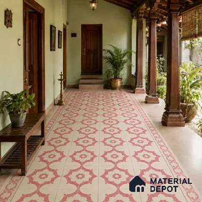 Athangudi Handmade Border Tile TL 10881 F Rose Lotus Medallion 10 x 5 inch Concrete Pearl Finish - 18 mm | Suitable for Decorative Floor Borders in Living Room, Bedroom, Dining Area & Foyer