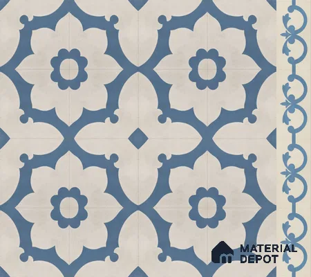 Athangudi Handmade Border Tile TL 10881 G Indigo Lotus Medallion 10 x 5 inch Concrete Pearl Finish - 18 mm | Suitable for Decorative Floor Borders in Living Room, Bedroom, Dining Area & Foyer