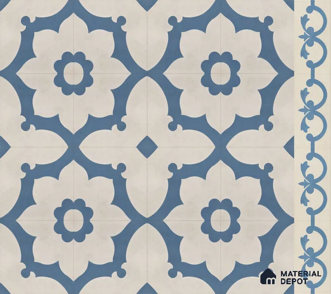 Athangudi Handmade Border Tile TL 10881 G Indigo Lotus Medallion 10 x 5 inch Concrete Pearl Finish - 18 mm | Suitable for Decorative Floor Borders in Living Room, Bedroom, Dining Area & Foyer