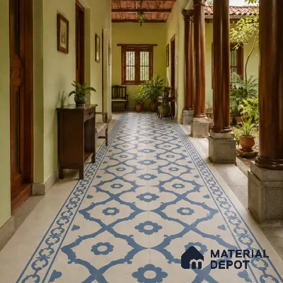 Athangudi Handmade Border Tile TL 10881 G Indigo Lotus Medallion 10 x 5 inch Concrete Pearl Finish - 18 mm | Suitable for Decorative Floor Borders in Living Room, Bedroom, Dining Area & Foyer