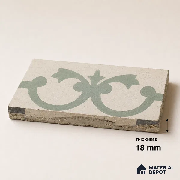Athangudi Handmade Border Tile TL 10881 H Sage Lotus Medallion 10 x 5 inch Concrete Pearl Finish - 18 mm | Suitable for Decorative Floor Borders in Living Room, Bedroom, Dining Area & Foyer