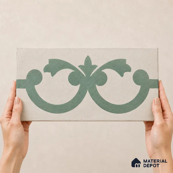 Athangudi Handmade Border Tile TL 10881 H Sage Lotus Medallion 10 x 5 inch Concrete Pearl Finish - 18 mm | Suitable for Decorative Floor Borders in Living Room, Bedroom, Dining Area & Foyer