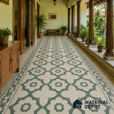 Athangudi Handmade Border Tile TL 10881 H Sage Lotus Medallion 10 x 5 inch Concrete Pearl Finish - 18 mm | Suitable for Decorative Floor Borders in Living Room, Bedroom, Dining Area & Foyer