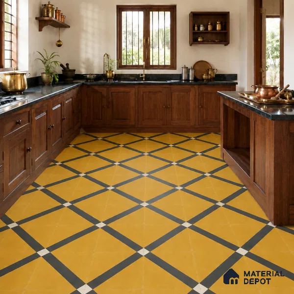 Athangudi Handmade Center Tile TL 10873 Saffron Diamond Lattice 10 x 10 inch Concrete Pearl Finish - 18 mm | Suitable for Indoor Flooring in Living Room, Bedroom, Dining Area & Foyer