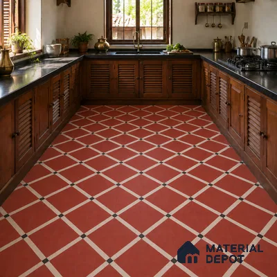 Athangudi Handmade Center Tile TL 10873 B Vermilion Diamond Lattice 10 x 10 inch Concrete Pearl Finish - 18 mm | Suitable for Indoor Flooring in Living Room, Bedroom, Dining Area & Foyer