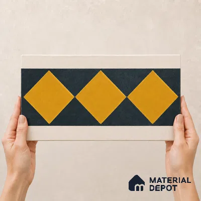 Athangudi Handmade Border Tile TL 10873 E Saffron Diamond Lattice 10 x 5 inch Concrete Pearl Finish - 18 mm | Suitable for Decorative Floor Borders in Living Room, Bedroom, Dining Area & Foyer