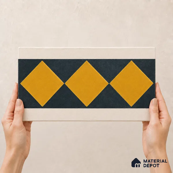 Athangudi Handmade Border Tile TL 10873 E Saffron Diamond Lattice 10 x 5 inch Concrete Pearl Finish - 18 mm | Suitable for Decorative Floor Borders in Living Room, Bedroom, Dining Area & Foyer