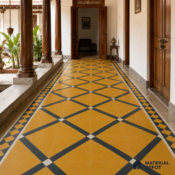 Athangudi Handmade Border Tile TL 10873 E Saffron Diamond Lattice 10 x 5 inch Concrete Pearl Finish - 18 mm | Suitable for Decorative Floor Borders in Living Room, Bedroom, Dining Area & Foyer