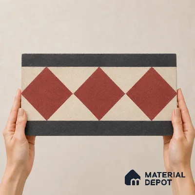 Athangudi Handmade Border Tile TL 10873 F Vermilion Diamond Lattice 10 x 5 inch Concrete Pearl Finish - 18 mm | Suitable for Decorative Floor Borders in Living Room, Bedroom, Dining Area & Foyer