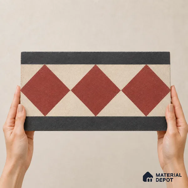 Athangudi Handmade Border Tile TL 10873 F Vermilion Diamond Lattice 10 x 5 inch Concrete Pearl Finish - 18 mm | Suitable for Decorative Floor Borders in Living Room, Bedroom, Dining Area & Foyer