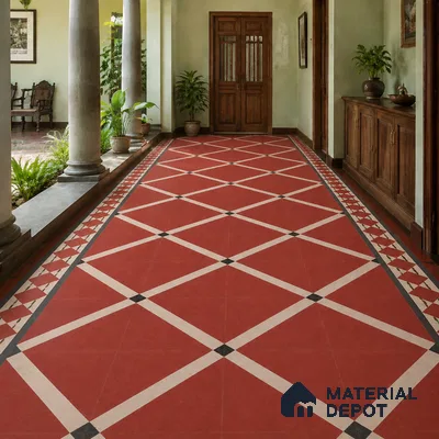 Athangudi Handmade Border Tile TL 10873 F Vermilion Diamond Lattice 10 x 5 inch Concrete Pearl Finish - 18 mm | Suitable for Decorative Floor Borders in Living Room, Bedroom, Dining Area & Foyer